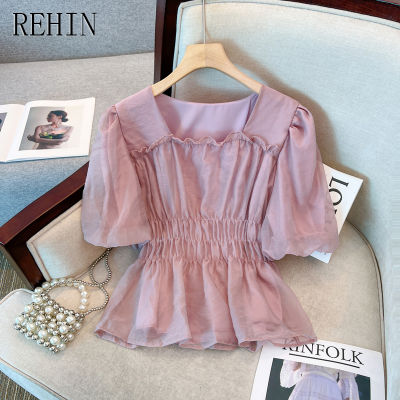 REHIN เสื้อผู้หญิงแขนพองมีจีบการออกแบบที่ไม่เหมือนใครคอสี่เหลี่ยมเสื้อสอพลอเอวเข้ารูป