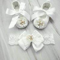 Dollbling Baptism Pearls RIbbon Baby Girl Shoes Christening White Flower Handmade Newborn Princess Infant Wedding Anti-Slip Crib