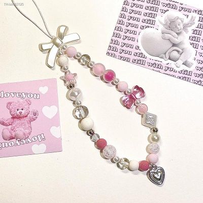 ✖✕ Korea Pink Y2K Bowknot Phone Chain Love Heart Pendant Bracelet For iPhone Accessorie Lanyard Phone Hanging Rope For Girl Jewelry