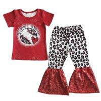 Take Me Out To The Ballgame Baby Girl Toddler New Clothing Red Baseball Top Leopard Sequins Bells Pants Outfit Kids Clothes Set