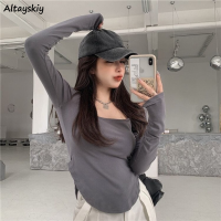 Square Collar T-shirts Women Solid Side-slit Daily Casual Basic Females Streewear New Ulzzang y Slim All-match Autumn Simple