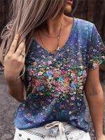 Summer Casual Tee Short Sleeve Women T-Shirts Flower Print Street Tops Female V-Neck Loose T-Shirt 5XL Size Top Pullover