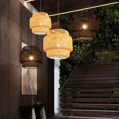 Pendant Light Ceiling Retro Hanging Cafe Lights Loft Japanese Style Hand Weaved Bamboo Woven Lampshade for Teahouse