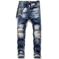 ร้อน, ร้อน★Dsquared2 Brand New Mens Skinny Jeans Fashion Straight Slim Ripped Paint D2 Denim Pants Street Hip Hop Retro Blue Denim Trousers