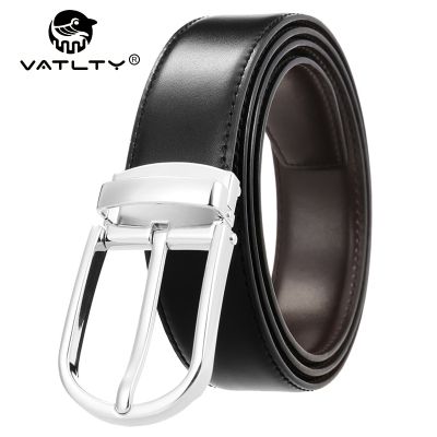 VATLTY New Mens Reversible Belt Natural Cowhide Hard Zinc Alloy Silver Buckle Brown Belt Genuine Leather Trousers Belt Male