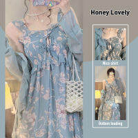 Honey Lovely ชุดเดรสผ้าชีฟองลายดอกไม้อ่อนโยนชุดเดรสยาวเสื้อคาร์ดิแกนป้องกันแสงแดดขนาดเล็กใส่ด้านนอกระดับไฮเอนด์ชุดสองชิ้น HON1169