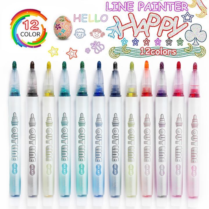 12pcs-color-double-line-contour-pens-contour-metal-marker-double-line-pens-magic-contour-marker-pens-for-art-painting-writin