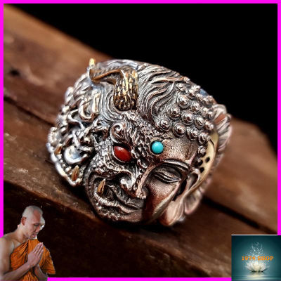 Original Handmade Silver Buddha And Magic Ring ระหว่างผู้ชายและผู้หญิง Domineering เปิดแหวนปรับได้100% Original แท้ไม่จางหาย