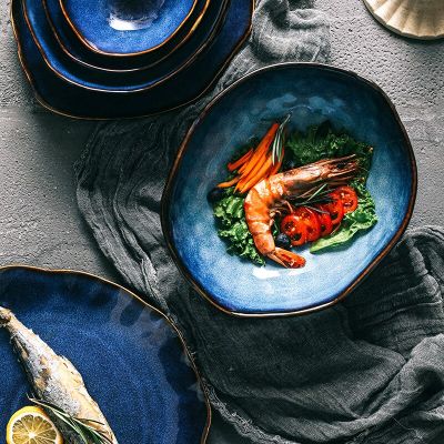 จานชามเซรามิกสุดสร้างสรรค์บนโต๊ะอาหารเตาเผาชามก๋วยเตี๋ยวชามข้าวจานสเต็กโถซุปขนาดใหญ่ราเม็งสีน้ำเงิน Guanpai4