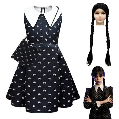 {Sweet Baby} Movie The Addams Family Cosplay Costume Wednesday Addams Girls Black Dress Halloween Party Uniform Suit Wigs Girl Gifts For 4 5 6 7 9 11 12 yrs