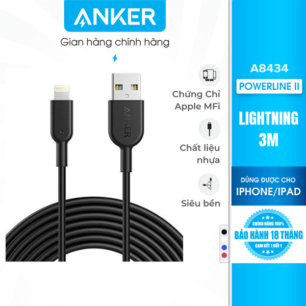 Cáp sạc thế hệ 2 Anker PowerLine II Lightning dài 3m cho iPhone iPad – A8434