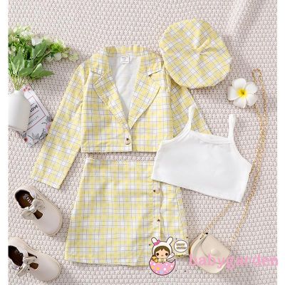 Babygarden ชุดเสื้อแจ็กเก็ตแขนยาว ลายสก๊อต และกระโปรง และหมวกบีนนี่ แฟชั่นสําหรับเด็กผู้หญิง อายุ 4-7 ปี 4 ชิ้น