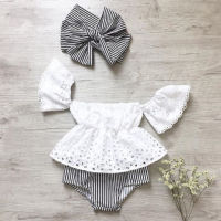 New 3pcs Toddler Baby Girl Clothes Set Lace Hollow Out Short Sleeve Top +Stripe Shorts +headband Outfits Set Clothes  by Hs2023