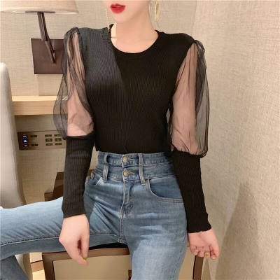 Womens Shirt New Sexy Mesh Splice Knitted Undercoat Womens Pullover Slim Long Sleeve Sweater Mesh CHIC Top