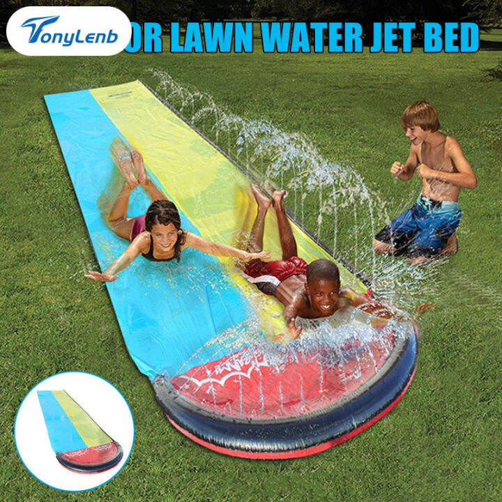 children water slide water toy outdoor grass water spray double slide