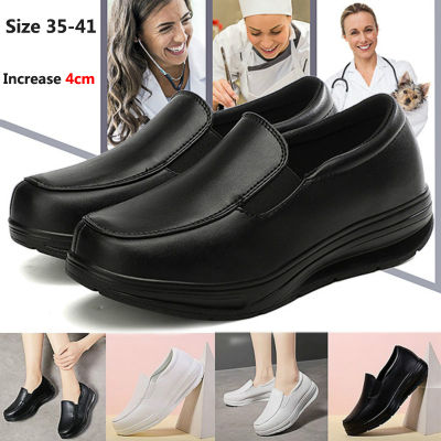 รองเท้าพยาบาลรองเท้าหนังสีขาว Wedge รองเท้าผ้าใบ Slip On รองเท้าพยาบาลสีดำรองเท้าพยาบาลส้นสีขาว Slimming Shoes