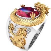 Exquisite Fashion 3D Carved Three-dimensional Dragon Ring Charm Retro Men 39;s Red Cubic Zirconia Punk Ring Banquet Jewelry