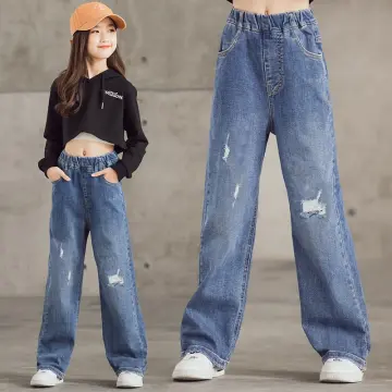 Cheap Teenage Girls Jeans 2021 Spring Summer Casual Fashion Loose Blue Kids  Leg Wide Pants School Children Trousers 6 8 10 12 Year
