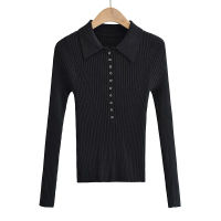 ZA  Gray Ribbed Knit Polo Shirt Women Fashion Black Lapel Button Long Sleeve Sweaters Slim Beige Autumn Female Knitted Tops