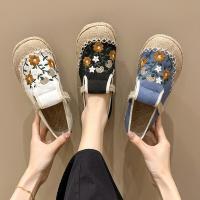 HOT★2023 Women Linen Canvas Slip-On Flat Shoes Comfortable Retro Loafers Ladies Casual Embroidered Sneakers Hemp Sole