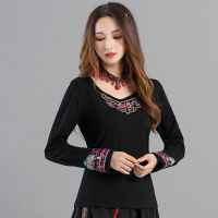 【CW】2023 chinese style vintage long sleeve top tang suits shirts national style women graceful all match embroidery round neck top