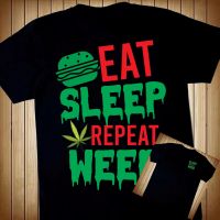 เสื้อยืดผ้าฝ้ายลินินพิมพ์สองหน้า คอกลม แขนสั้น Eat Sleep Repeat Weed