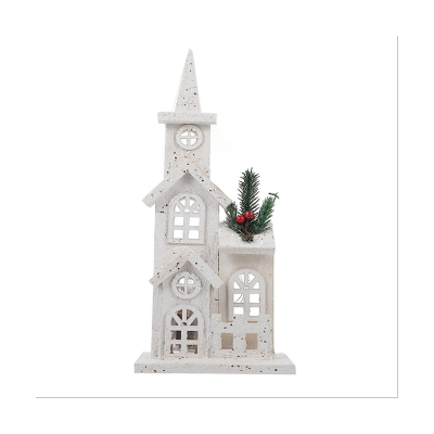 1 Piece Christmas Village Christmas LED Church Light House Snow Scene White Wood for Christmas Desktop Ornament