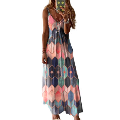 Woman Sleeveless Vest Maxi dress Colorfull geometric Printed V Neck Loose Casual dress S-5XL