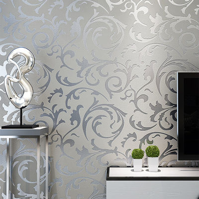 Grey 3D Victorian Da Embossed Wallpaper Roll Home Decor Living Room Bedroom Wall Coverings Silver Floral Luxury Wall Paper