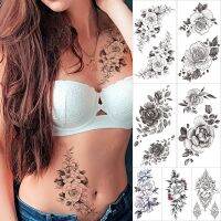 Bouquet sexy temporary tattoo stickers black rose peony flowers fake Tatu shoulders chest waist big Men Women Glitter Tato Kids