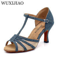 WUXIJIAO ใหม่ Denim และสุทธิ Latin Dance รองเท้าสุภาพสตรีสบาย Professional Salsa รองเท้า Cuban Heel Dance รองเท้า Sandals