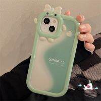 ✆✵ เคสโทรศัพท์มือถือแบบนิ่ม กันกระแทก ลายการ์ตูนมอนสเตอร์หน้ายิ้ม 3D แต่งโบว์ สีเขียว สําหรับ IPhone 11 14 12 13 Pro MAX 7 8 6 6S Plus 14 Plus XR X XS MAX SE 14Pro