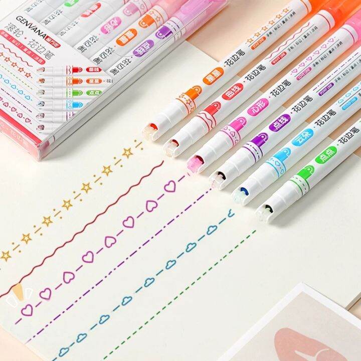 6 Pcs/set Wave Line Art Marker Pens Multi Color Love Star Cloud Point Liner  Highlighter, Student Special Pens 