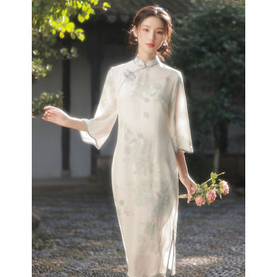 ปรับปรุง Cheongsam 2022 Zen เสื้อผ้าเทแขนเสื้อชาศิลปะวิธีโบราณสดและสง่างามพุทธ Zen ชาเสื้อผ้า Female