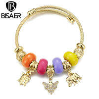 BISAER สีทองช้างสัตว์ Rhinestones Charms สร้อยข้อมือโลหะผสมสังกะสีสำหรับเครื่องประดับแฟชั่นสตรี