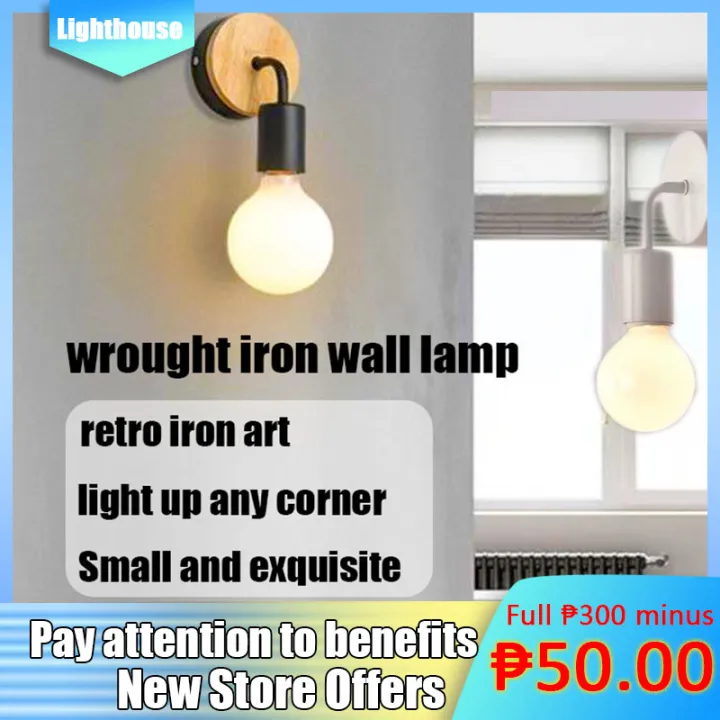 【💡Free Bulb💡】Wrought Iron Wooden Wall Lamp Nordic Bedside Lamp Retro ...