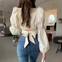 Hot Girl Puff Sleeve Square-Neck Cinched Shirt Womens Spring And Autumn French Chic Design Sense Niche Bow Short Top