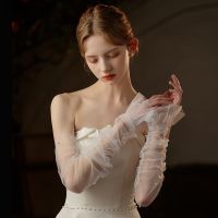 □☃ JaneVini 2023 Elegant Ivory Bridal Gloves Ruffled Tulle Pearls 46cm Long Fingerless Glove Korean Bride Wedding Dress Accessories