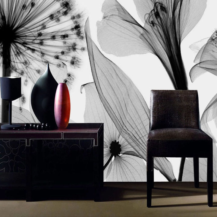 hot-modern-hand-painted-black-and-white-dandelion-flowers-mural-wallpaper-3d-abstract-art-wall-painting-living-room-papel-de-parede