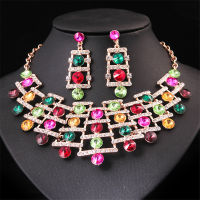 African Women Crystal Necklace Earrings Set Rhinestone Statement Jewelry Set Bridal Wedding Party Choker Bib Collar Ethnic Dubai