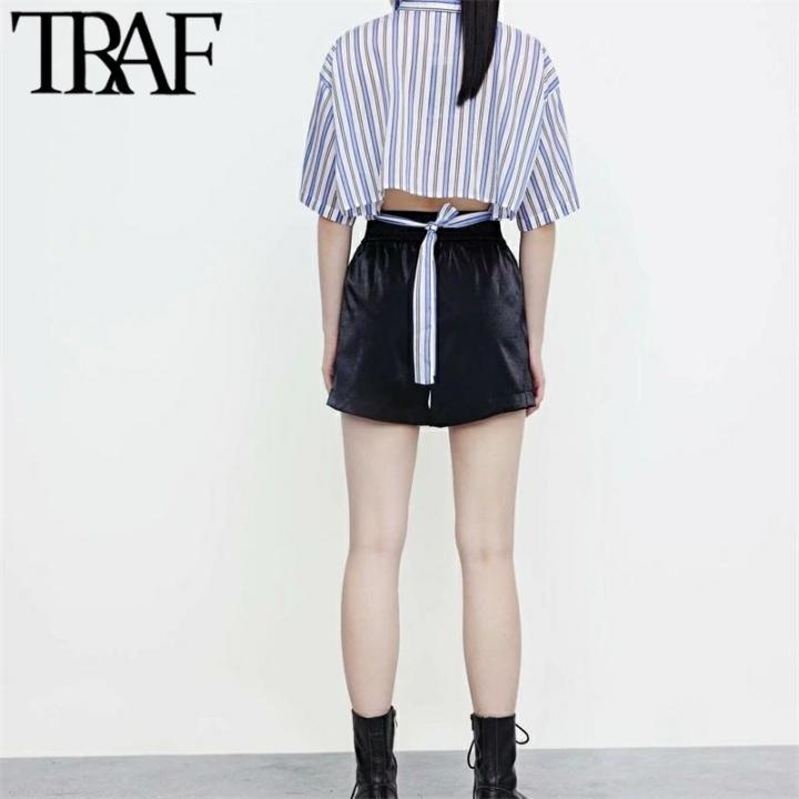 traf-za-women-fashion-stripe-printing-bow-tied-cropped-short-blouses-vintage-short-sleeve-female-shirts-blusas-chic-tops