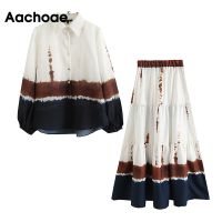 Aachoae Women 2 Piece Set Elegant Tie Dye Printed Batwing Long Sleeve Turn Down Shirts Tops With High Waist A Line Midi Skirts