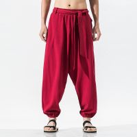 New 2023 Summer Wide Leg Pants Men Cotton Linen Bloom Pants Mens Red Chinese Style Harem Pants Male Trousers Pantalon Hombre