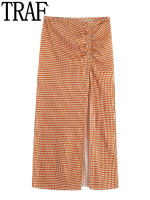 TRAF Plaid High Waist Skirt Women Orange Ruched Split Skirt Check Elegant Long Skirts Woman Streetwear Summer Skirts Suits