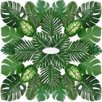 【cw】68 Pieces 8 Kinds Tropical Party Decorations Jungle Monstera Leaves , Artificial Palm Leaves with Faux Stem ！