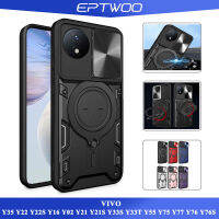 EPTWOO Untuk VIVO Y27 Y35 Y22 Y22S Y20 Y20S Y12S Y20i Y16 Y02 Y21 Y21S Y33S Y33T Y55 Y75 Y77 Y76 Y76S Casing Ponsel 4G 5G Casing Ponsel Tahan Guncangan Baju Besi Dorong Tarik Geser Lensa Kamera Perlindungan Kamera Casing Mega Ring Kickstand Cover SL-03