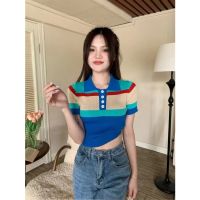 เสื้อคลุม สเวตเตอร์ ไหมพรม (1388) เสื้อแขนสั้นไหมพรม กระดุทหน้า ลายทาง สีสนสดใสน่ารักหวานสุดๆ เสื้อแขนยาว สเวตเตอร์