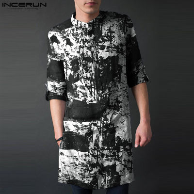 INCERUN เสื้อคลุมแขนยาวสำหรับผู้ชายคอจีนหมึกย้อนยุคฝ้ายลินินชาติพันธุ์เสื้อยาว (เสื้อผ้ามุสลิม)