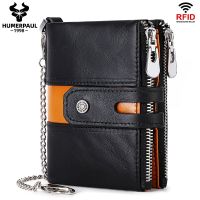 HUMERPAUL Genuine Leather Mens Wallet Fashion Quality Travel Purse Rfid Protect Credit Card Holder Wollst for Men with Chain