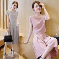 （A Simple）♘✾❂ 2021 New Korean Style Womens Short Sleeve T-shirts Wide-legged Pants 2pcs Set Wear Clothes